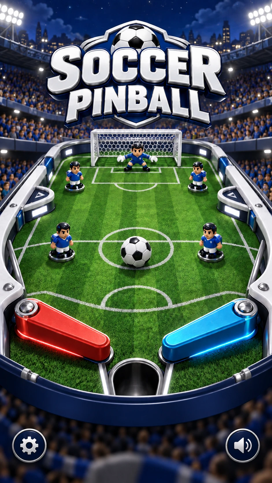 Soccer Pinball arena with blue opponents, a football, and red and blue flippers in a floodlit stadium